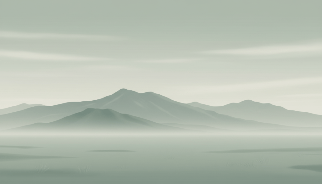 Minimalist illustration of misty mountain peaks in shades of sage green and gray.